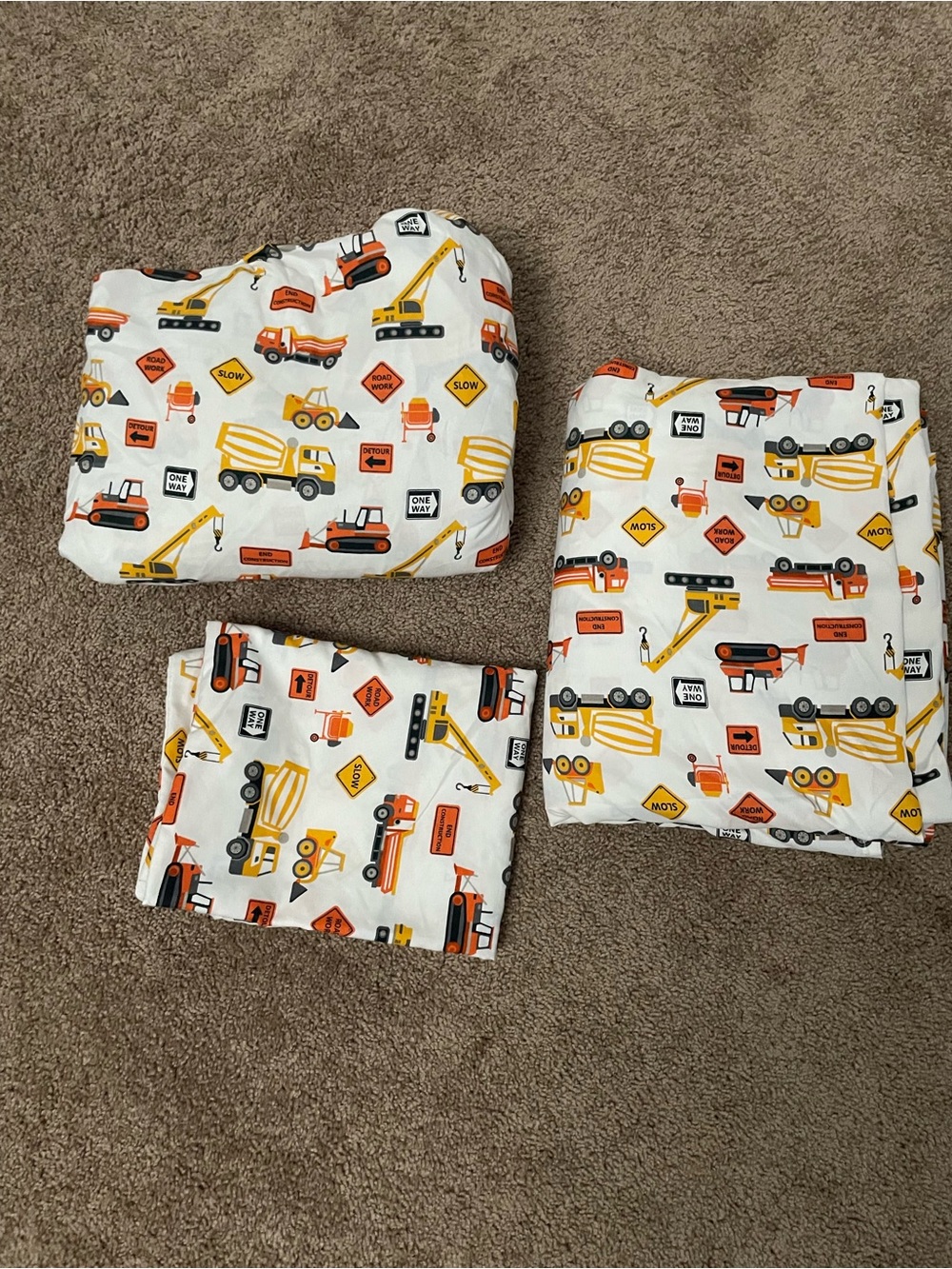 Construction Trucks Kids Full Bedding Set - White with Yellow & Orange Trucks